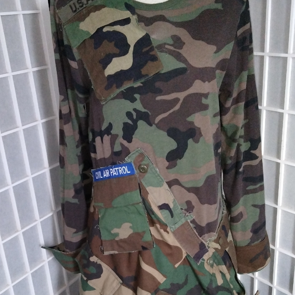 Upcycle / Refurbished Camouflage Asymmetrical Long Sleeve Maxi Dress - Picture 3 of 16